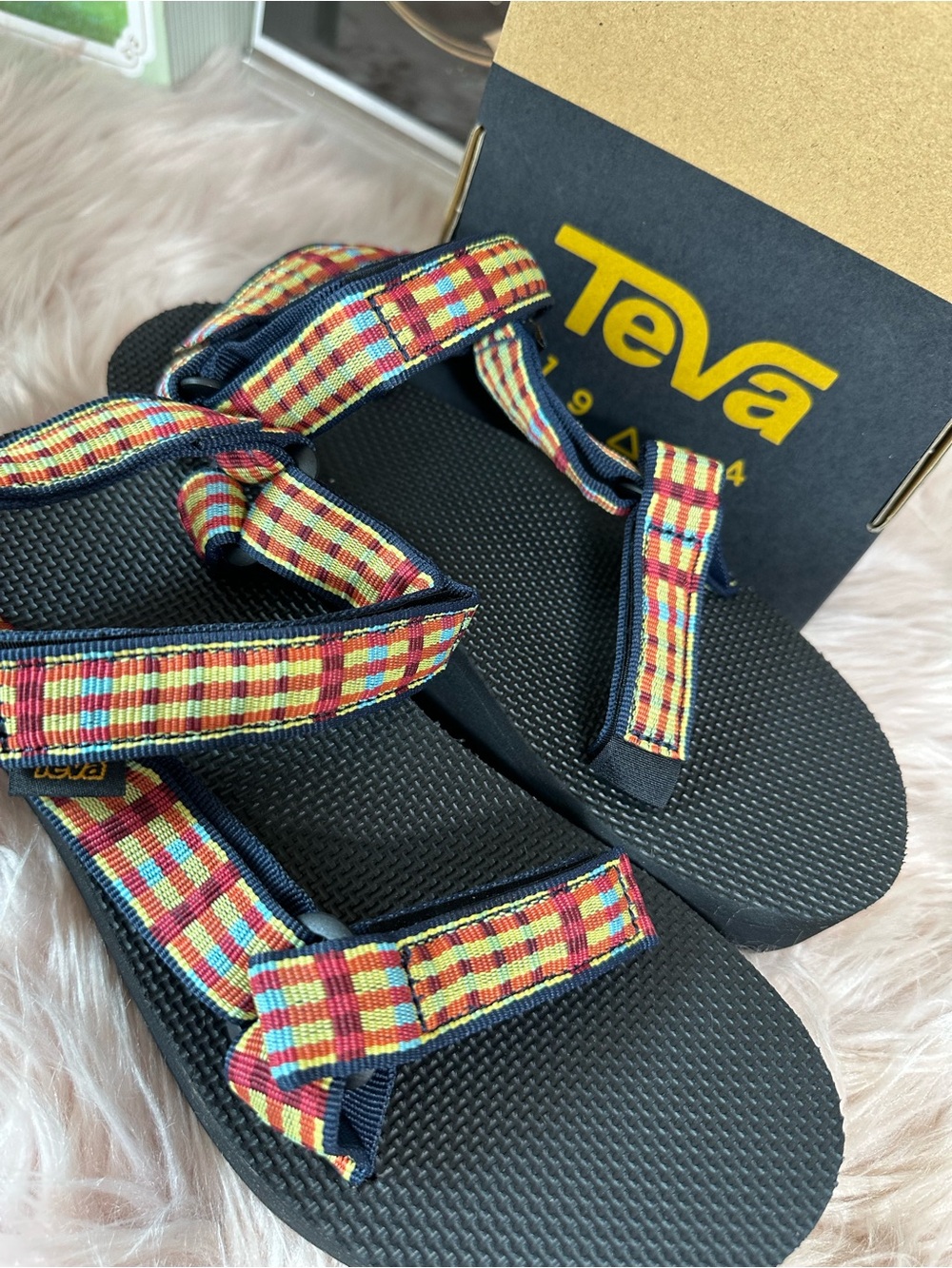 Teva Black Sandals with Multicolor Plaid Straps